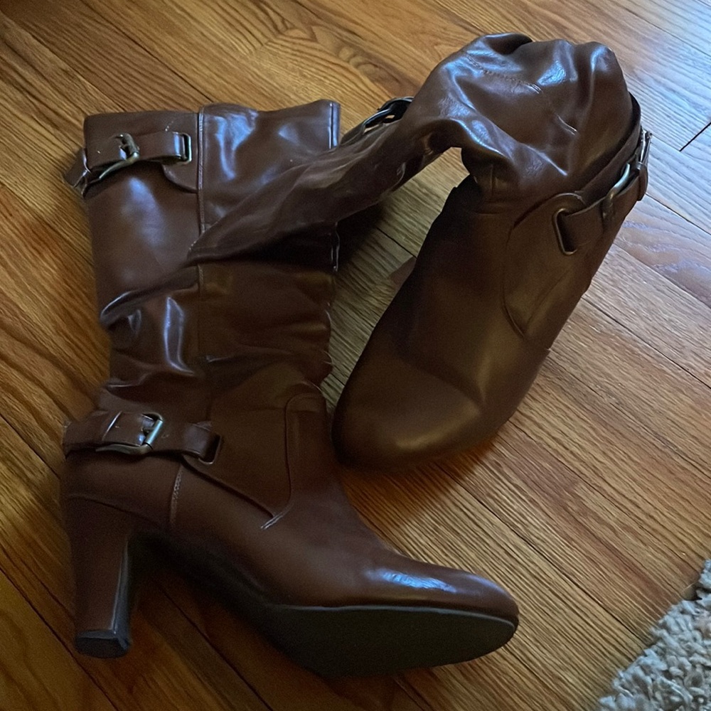 Brown boots calf length 2 inch heel
